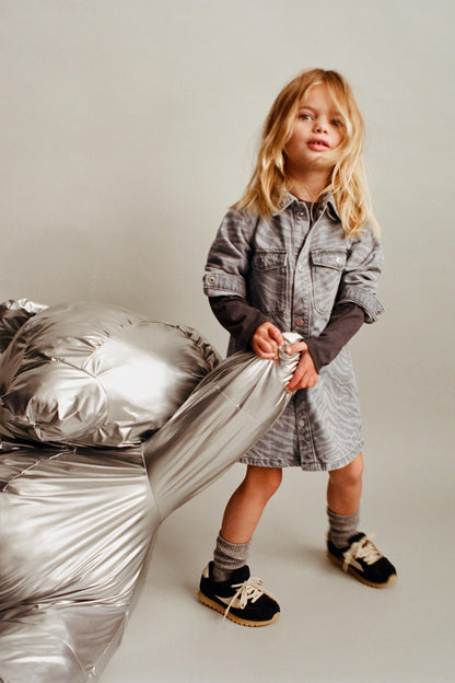 Stylish Kids' Zebra Print Denim Dress with Collar & Pockets for Girls