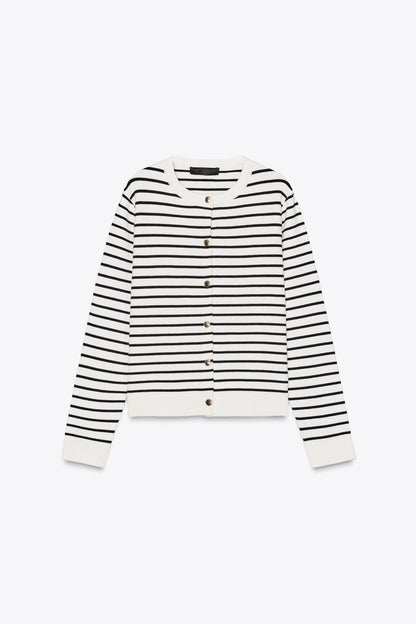 Elegant Striped Knit Cardigan for Women: Round Neck, Long Sleeves, Golden Buttons