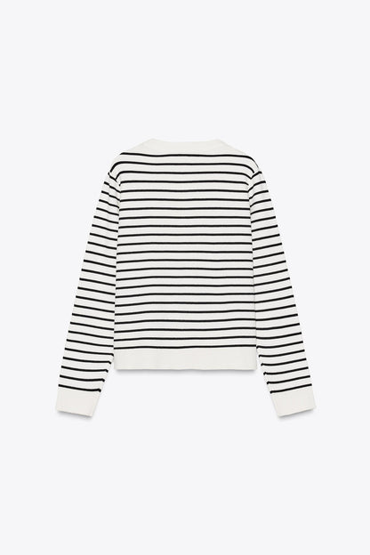 Elegant Striped Knit Cardigan for Women: Round Neck, Long Sleeves, Golden Buttons