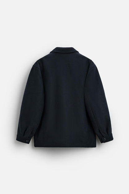 Marine Blue Short Wool-Blend Coat with Classic Lapel
