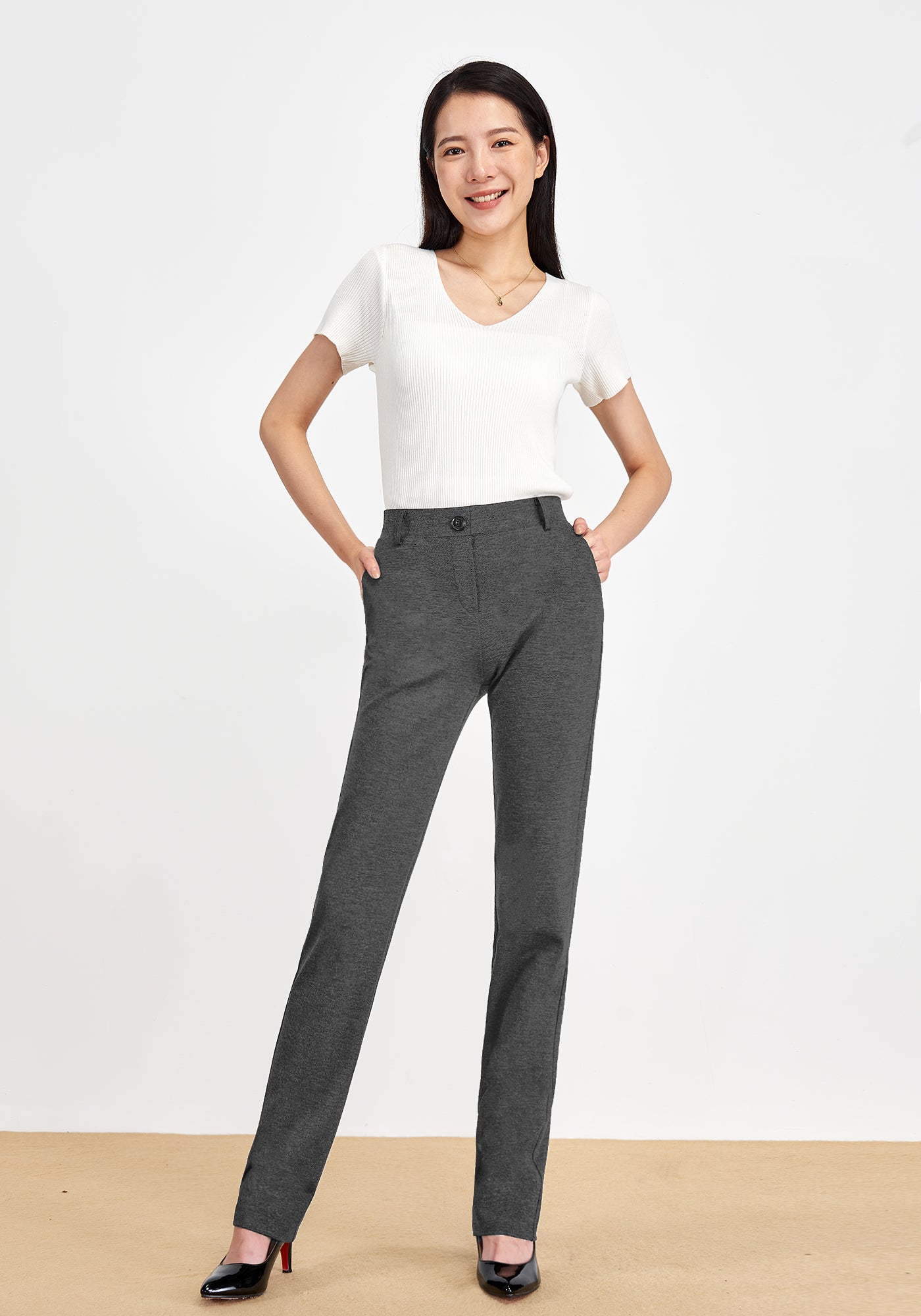 Women's Comfortable Straight Leg Dress Pants with Pockets - Wrinkle-Resistant Ponte Knit