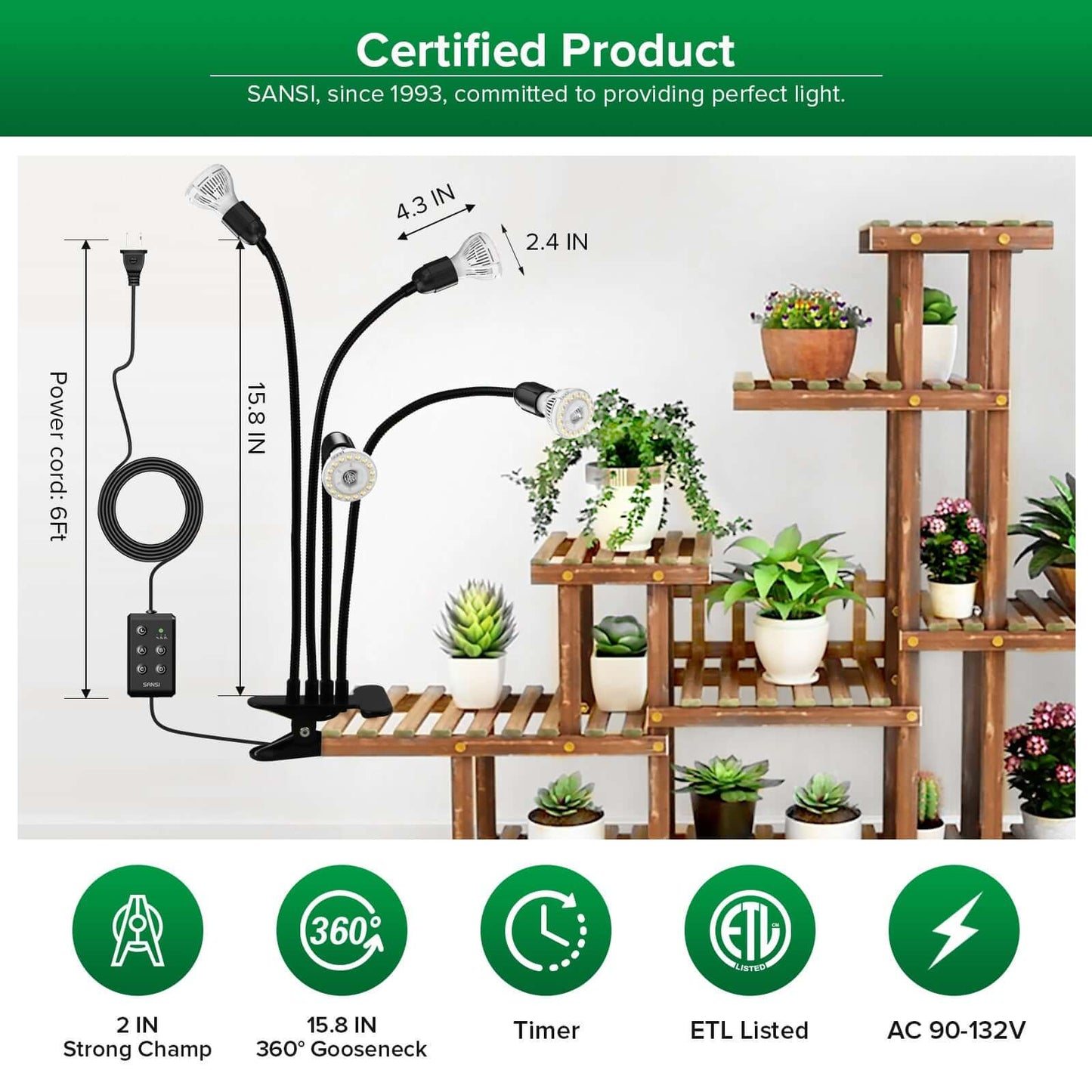 SANSI C21GL-GE26-10W 40W Adjustable 4-Head LED Grow Light