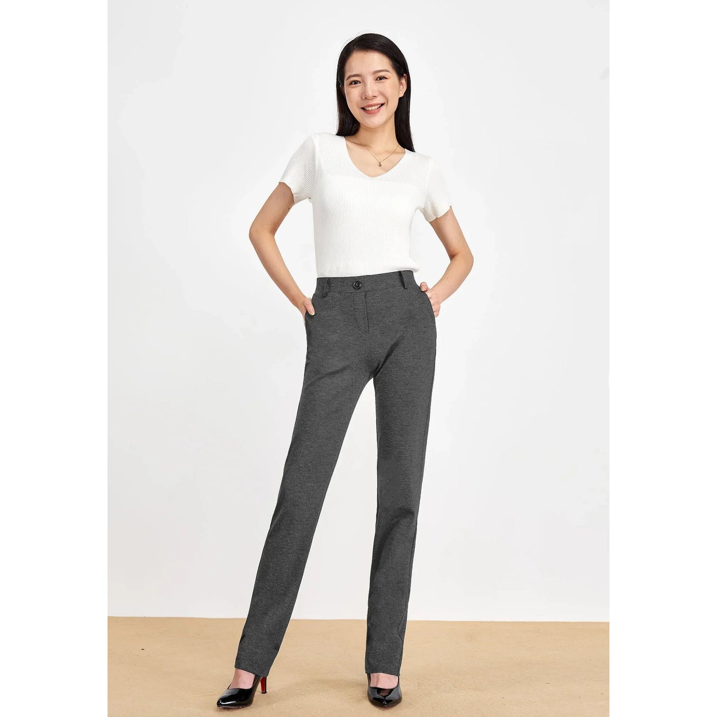 Women's Comfortable Straight Leg Dress Pants with Pockets - Wrinkle-Resistant Ponte Knit - Gomix Brands Outlet