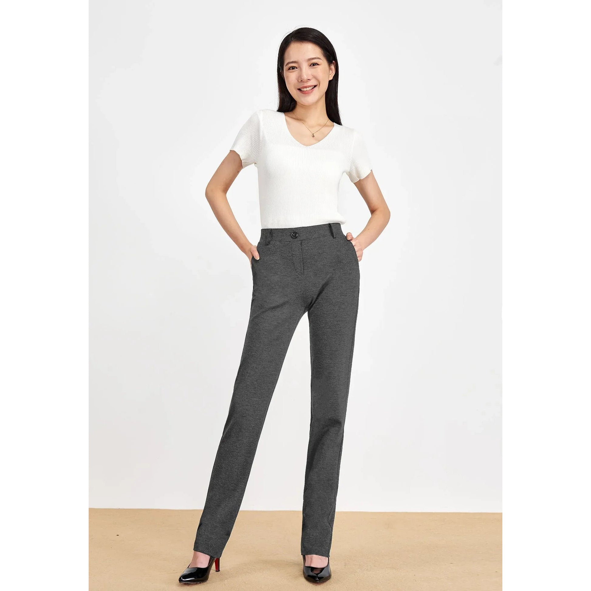 Women's Comfortable Straight Leg Dress Pants with Pockets - Wrinkle-Resistant Ponte Knit - Gomix Brands Outlet