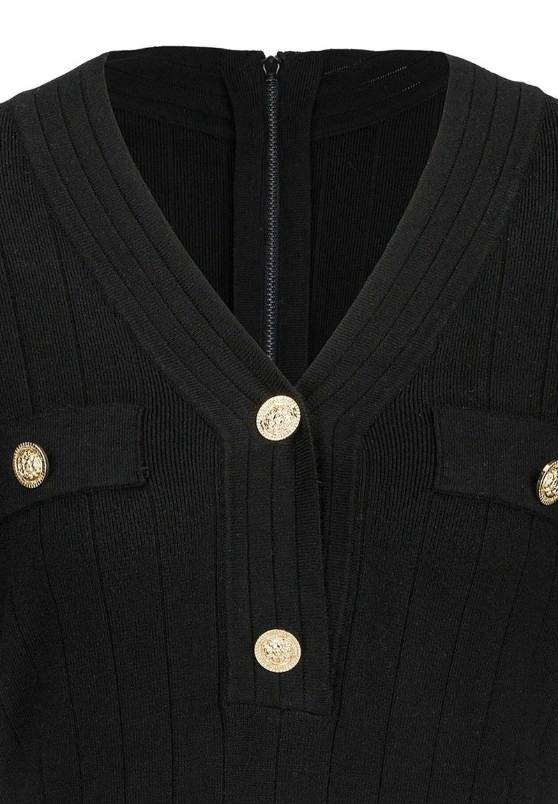 19V69 Italia Black Ribbed Knit Mini Jumper Dress with V-Neck and Buttons