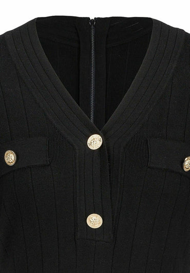 19V69 Italia Black Ribbed Knit Mini Jumper Dress with V-Neck and Buttons
