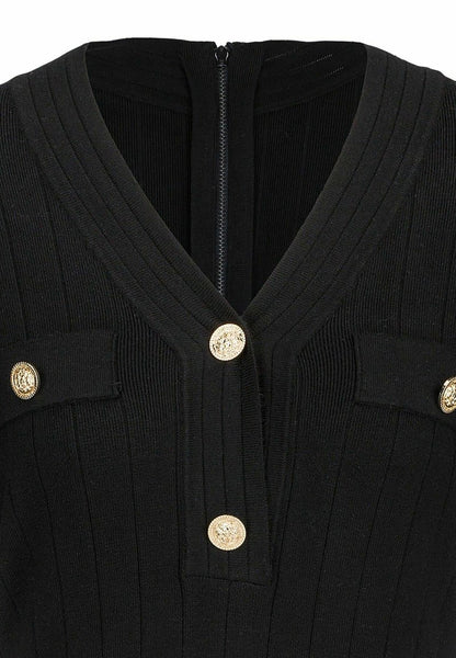 19V69 Italia Black Ribbed Knit Mini Jumper Dress with V-Neck and Buttons