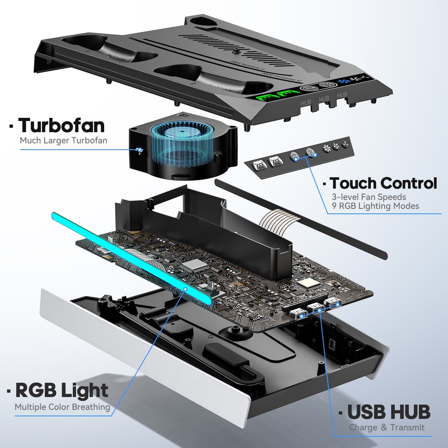 Kytok PS5 Slim Stand Cooling Station with Controller Charger & RGB Lighting Black