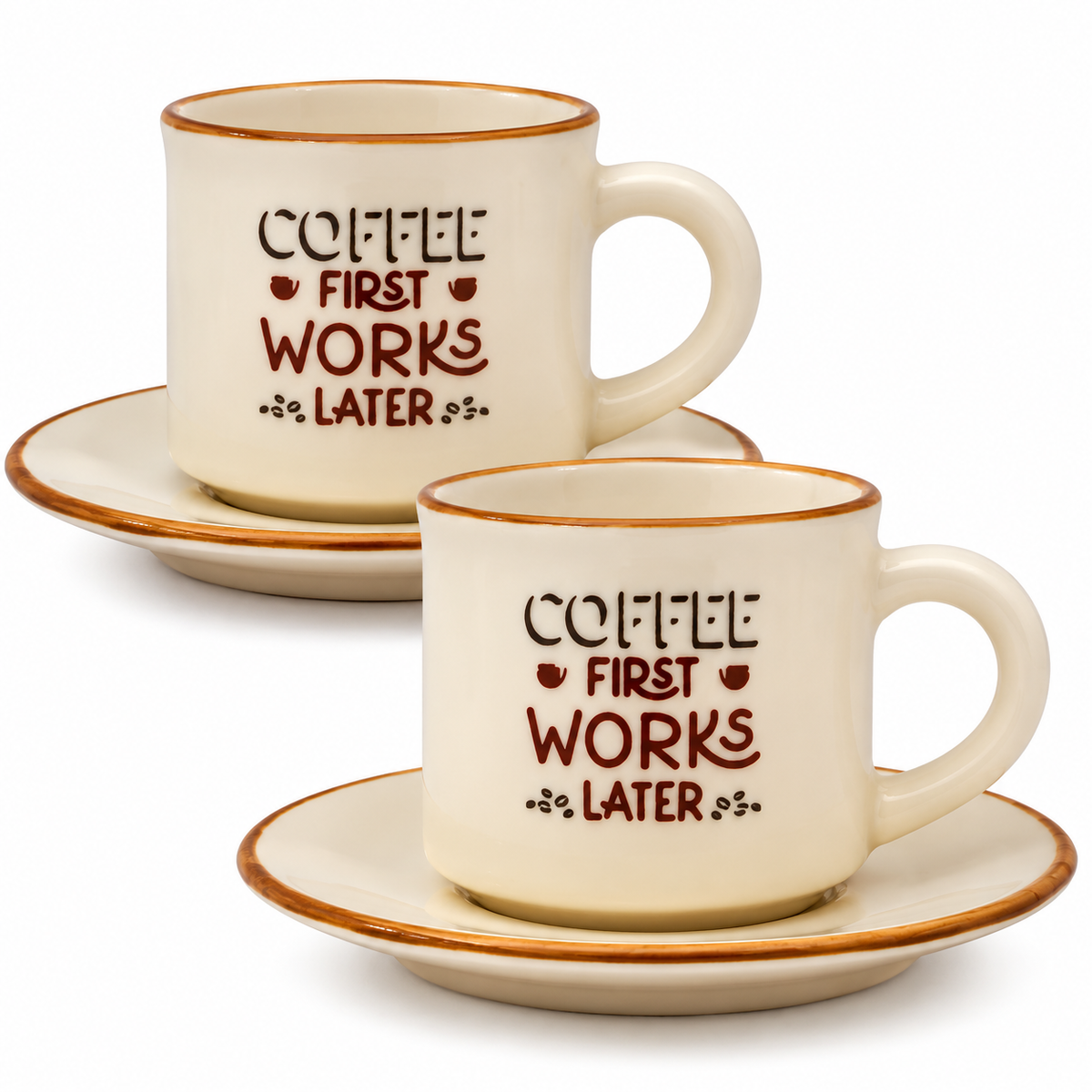 CER-POR Set of 2 Coffee Cups with Saucers in Turkish Porcelain, Colourful Particular Coffee Cups with Original Decorations, Set of 2 (Coffee First Work Later)
