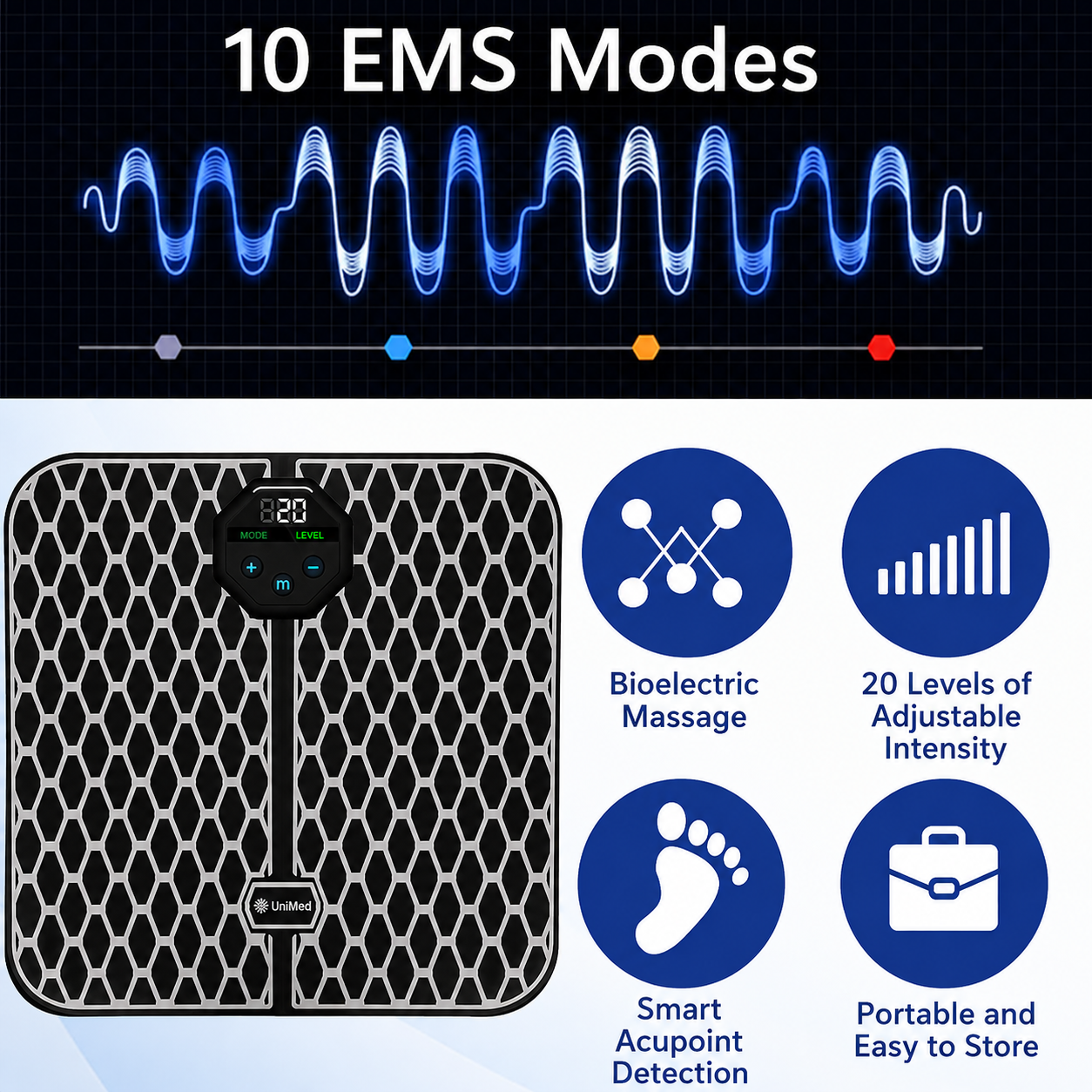 EMS Foot Massager Mat Portable USB 10 Modes 20 Intensities for Circulation Pain Relief