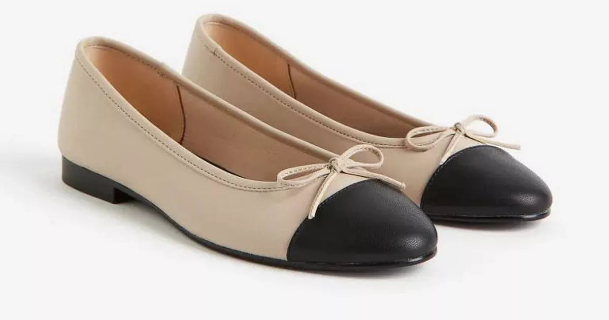 H&M Faux-Leather Ballet Flats Beige Black Contrast Toe Cap