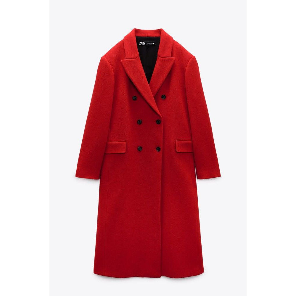 Elegant Zara Red Wool Blend Double-Breasted Longline Coat for Women