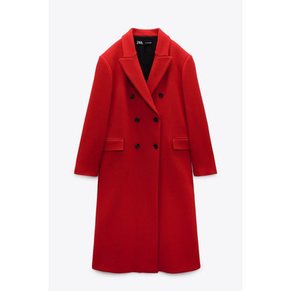 Elegant Zara Red Wool Blend Double-Breasted Longline Coat for Women