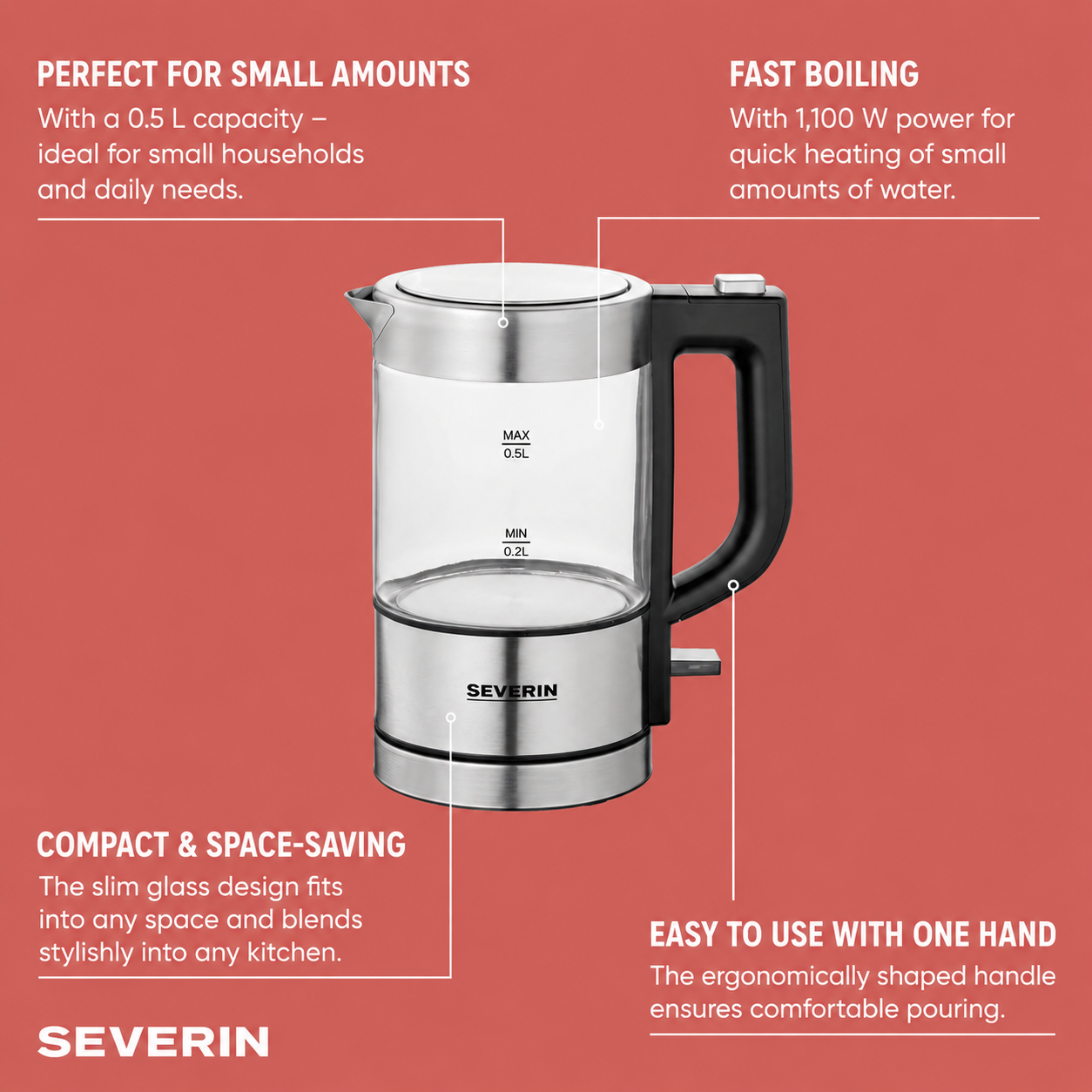 SEVERIN WK3472 Mini Glass Kettle 0.5 L Stainless-Steel