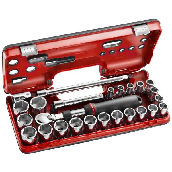 Open red tool case with various sockets and tools on a white background