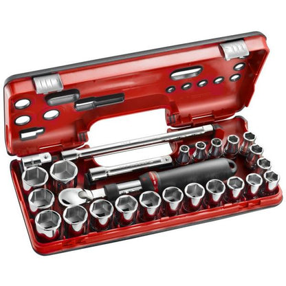 Open red tool case with various sockets and tools on a white background