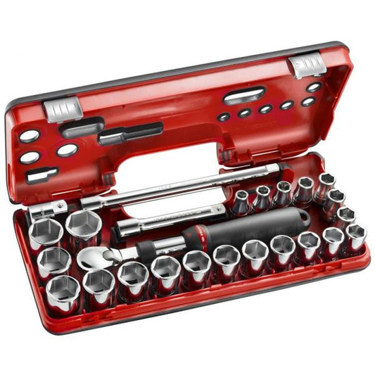 Open red tool case with various sockets and tools on a white background