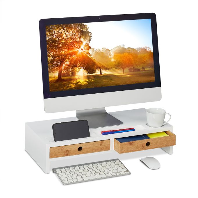 Ergonomic White Bamboo Monitor Stand with Storage Drawers & Desktop Organizer