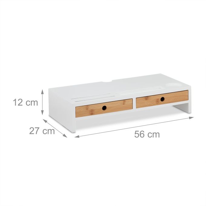 Ergonomic White Bamboo Monitor Stand with Storage Drawers & Desktop Organizer