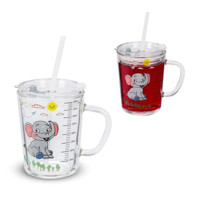 Set of 2 Elephant Kids Drinking Cups with Lids & Straws, 400ml Glass - Gomix Brands Outlet
