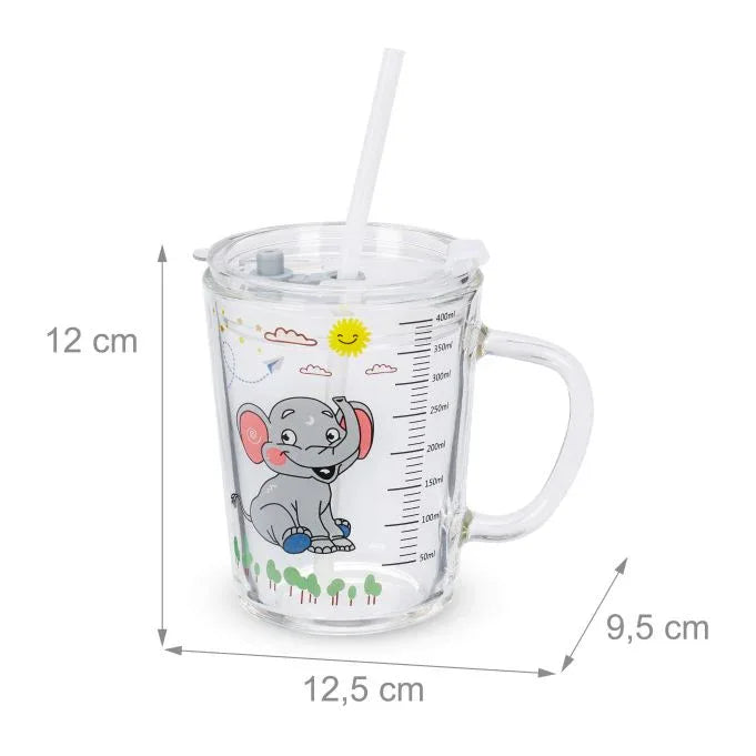 Set of 2 Elephant Kids Drinking Cups with Lids & Straws, 400ml Glass - Gomix Brands Outlet