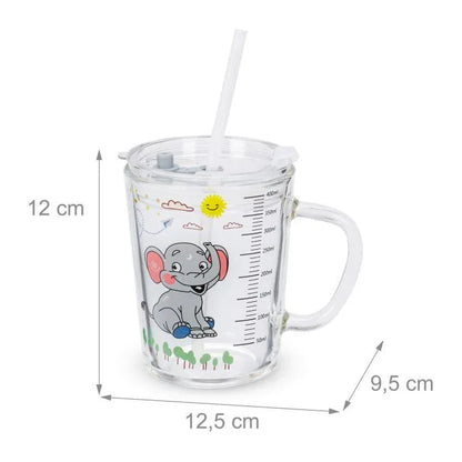 Set of 2 Elephant Kids Drinking Cups with Lids & Straws, 400ml Glass - Gomix Brands Outlet