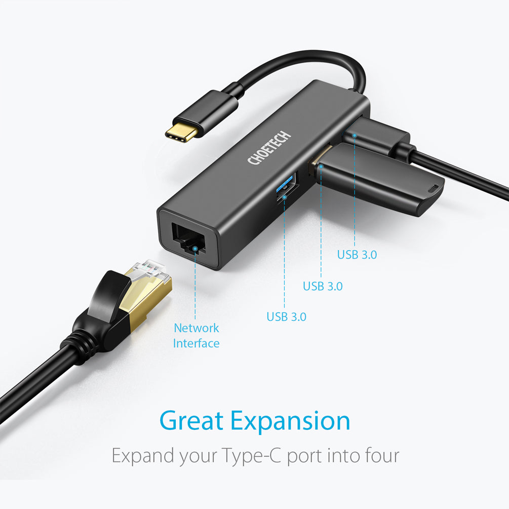 Choetech HUB-U02 4-in-1 USB-C to Ethernet Adapter Hub with 3 USB 3.0 Ports
