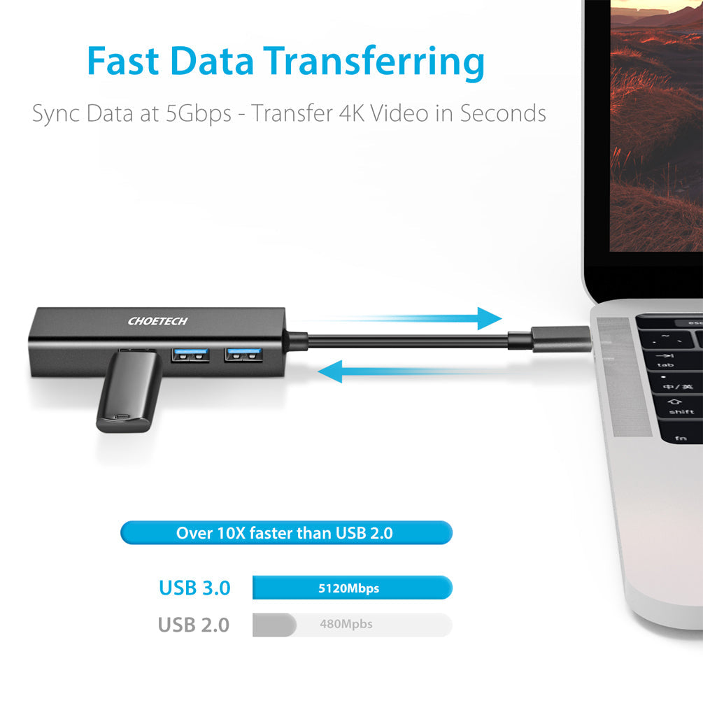 Choetech HUB-U02 4-in-1 USB-C to Ethernet Adapter Hub with 3 USB 3.0 Ports