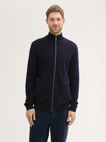 Men's Textured Knit Full-Zip Cardigan Jacket with Stand-Up Collar