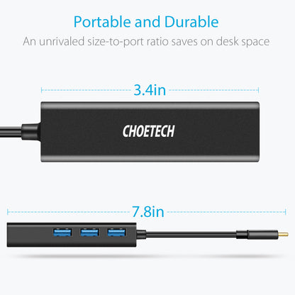 Choetech HUB-U02 4-in-1 USB-C to Ethernet Adapter Hub with 3 USB 3.0 Ports