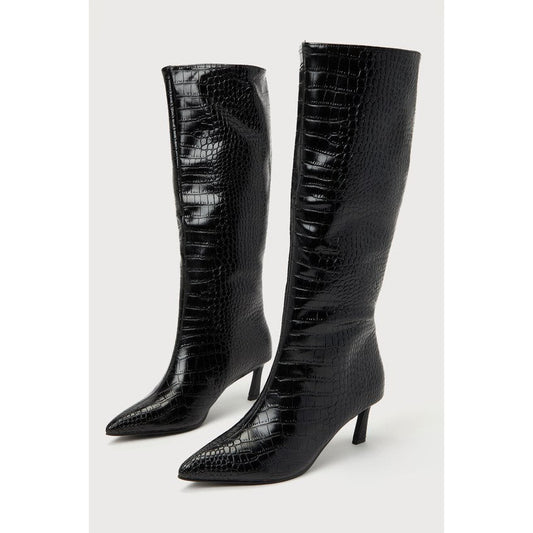 Steve Madden Lavan Black Croc-Embossed Leather Kitten Heel Knee-High Boots