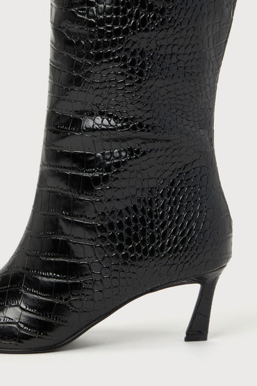 Steve Madden Lavan Black Croc-Embossed Leather Kitten Heel Knee-High Boots