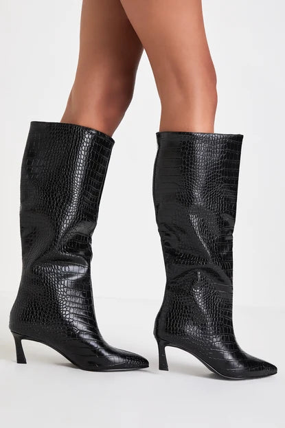 Steve Madden Lavan Black Croc-Embossed Leather Kitten Heel Knee-High Boots