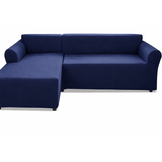SAFETYON  Navy Velvet Elastic L-Shaped Sofa Slipcover 3-Seat Set