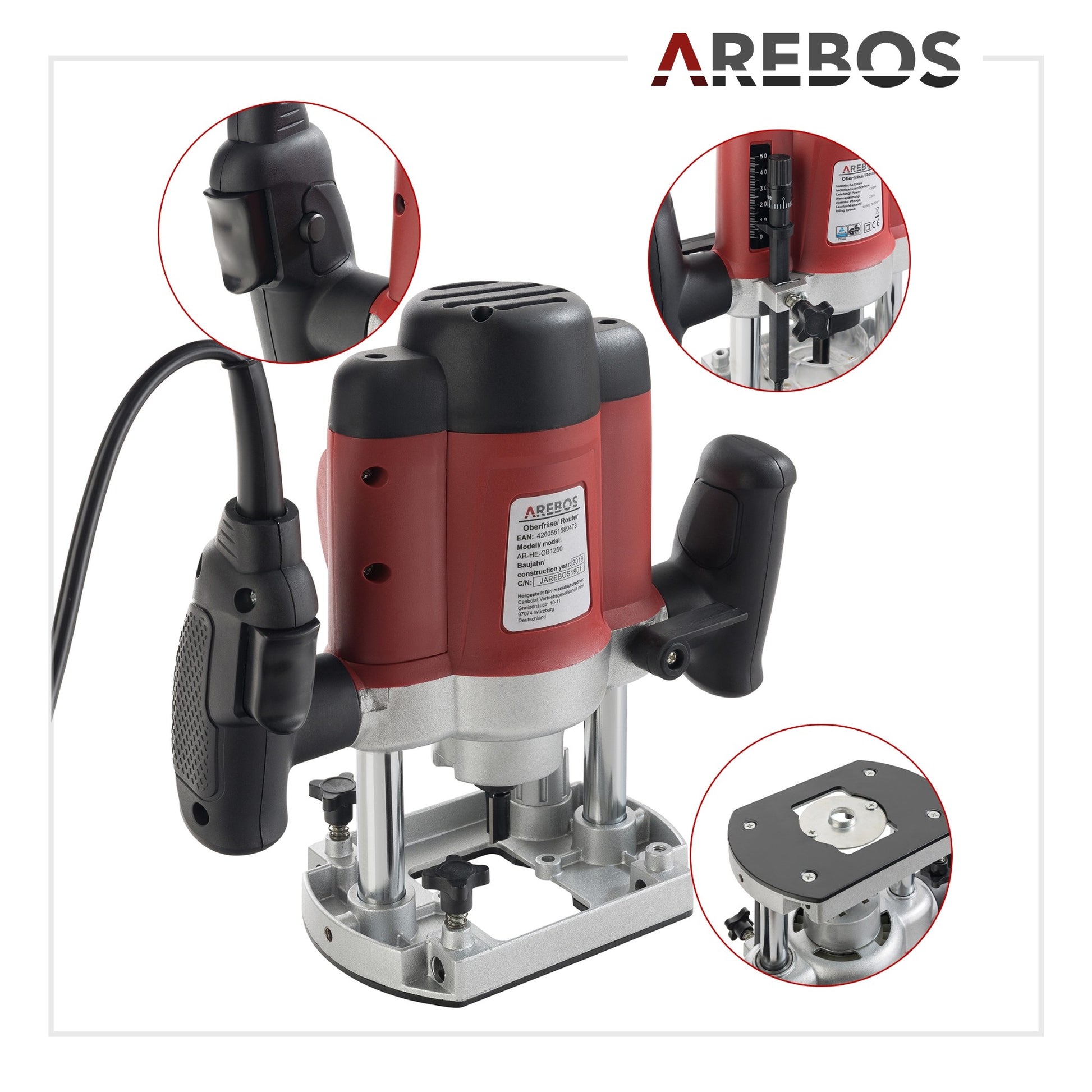 AREBOS 1200W Electric Router with 12 Cutters and Carrying Case