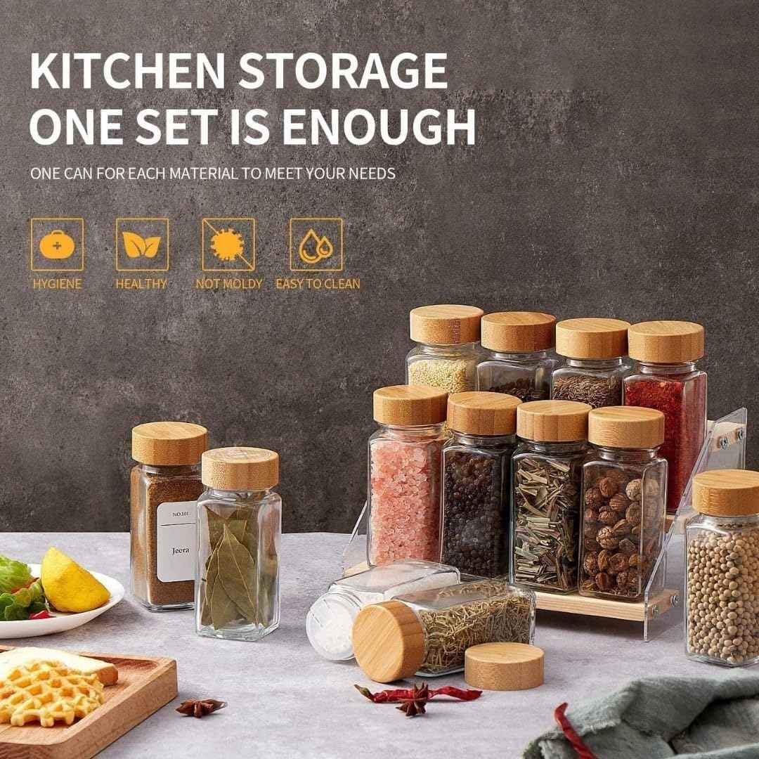 24-Piece Square Glass Spice Jar Set with Bamboo Lids