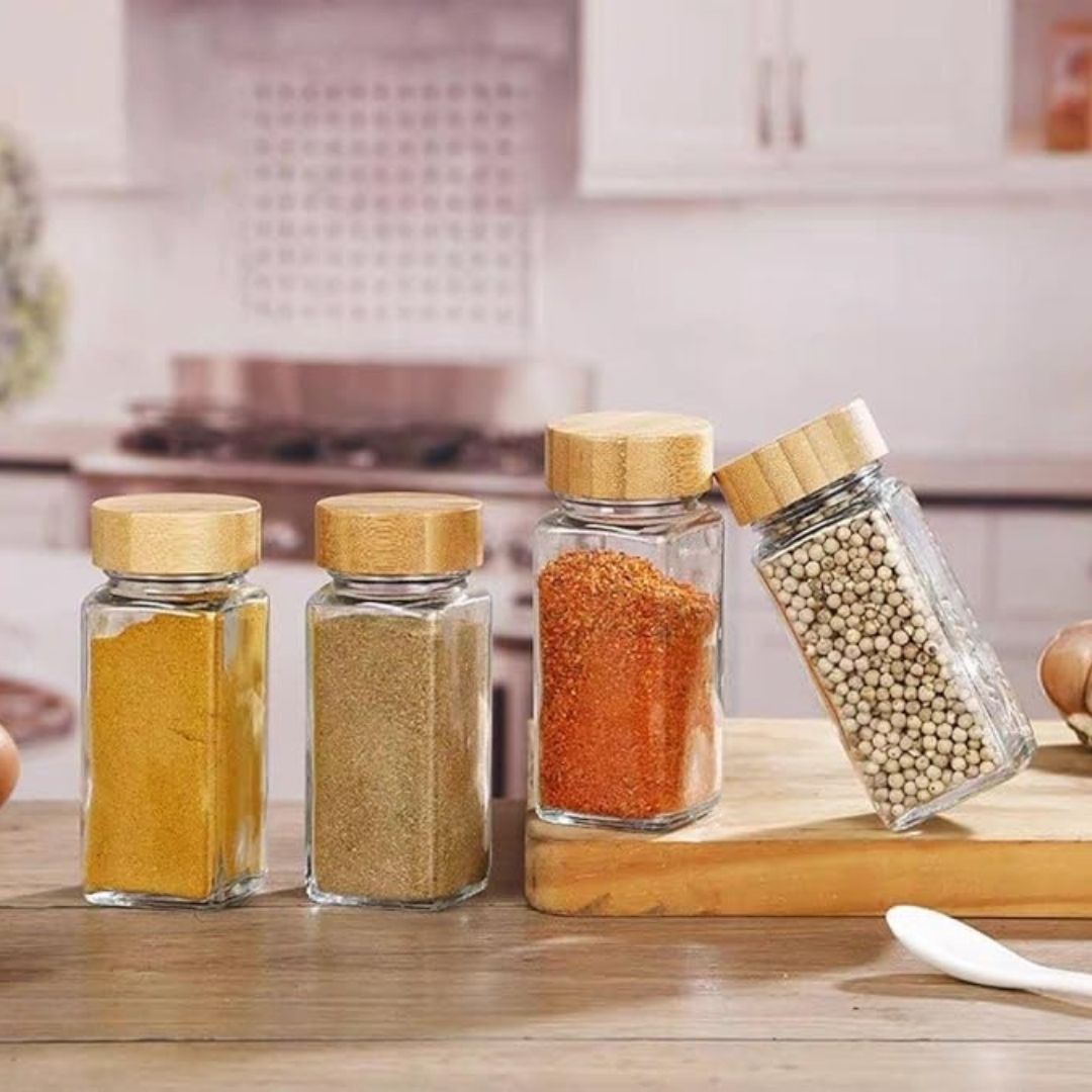 24-Piece Square Glass Spice Jar Set with Bamboo Lids