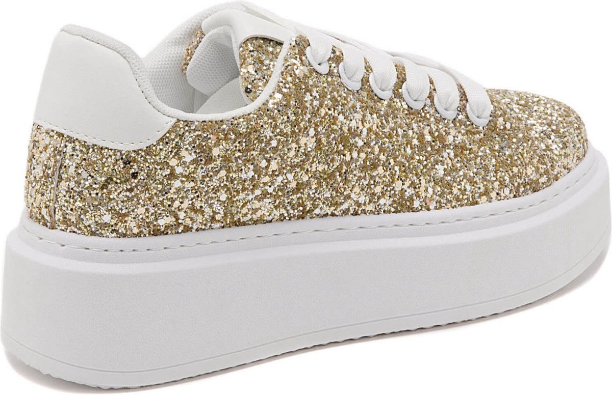 Gold Glitter Faux Leather Women's Sneakers Size 39