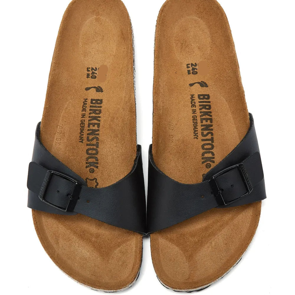 Birkenstock Madrid Black Suede Slip-On Sandals with Buckle Closure and Cork Footbed