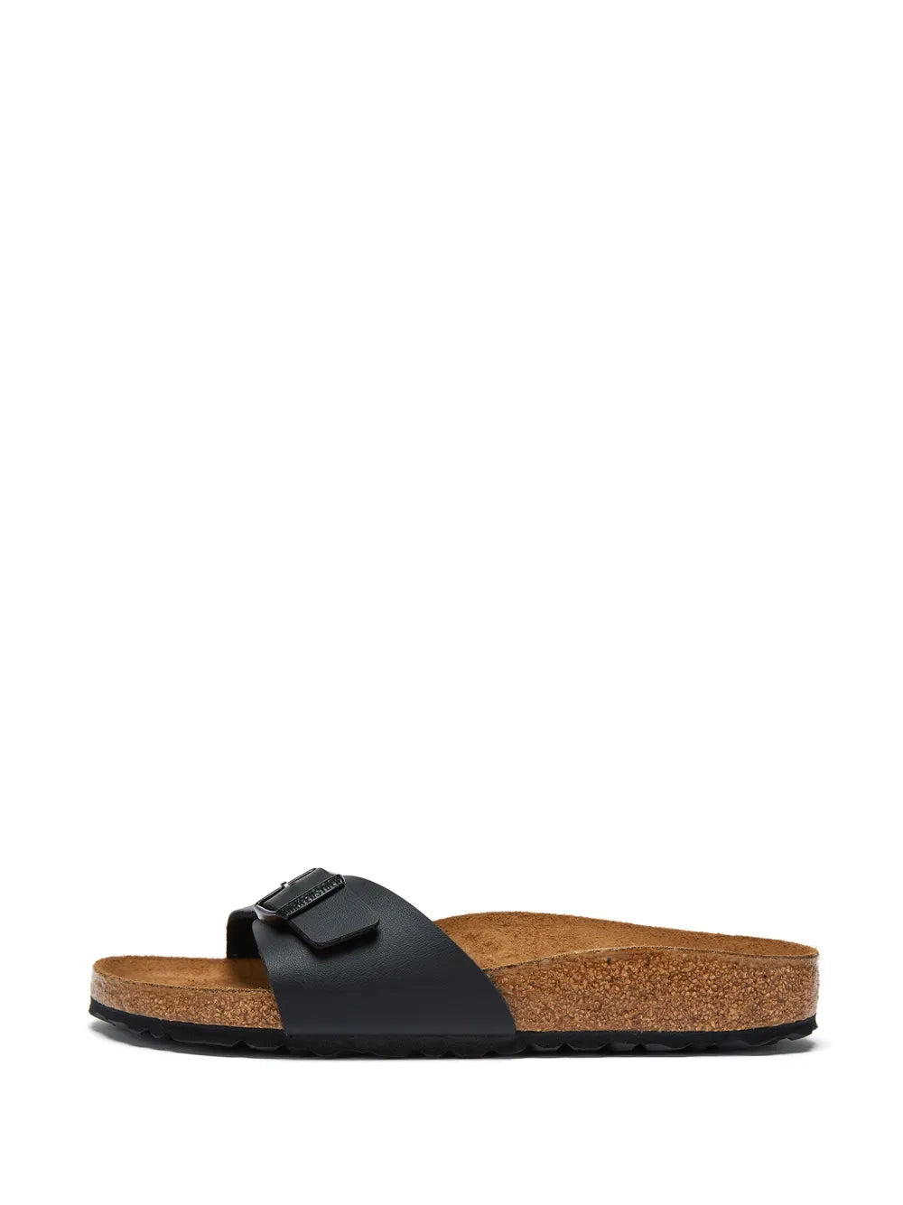 Birkenstock Madrid Black Suede Slip-On Sandals with Buckle Closure and Cork Footbed