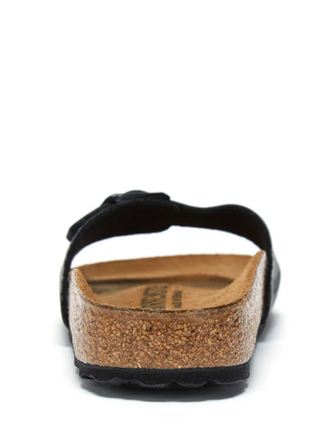 Birkenstock Madrid Black Suede Slip-On Sandals with Buckle Closure and Cork Footbed