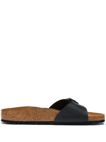 Birkenstock Madrid Black Suede Slip-On Sandals with Buckle Closure and Cork Footbed