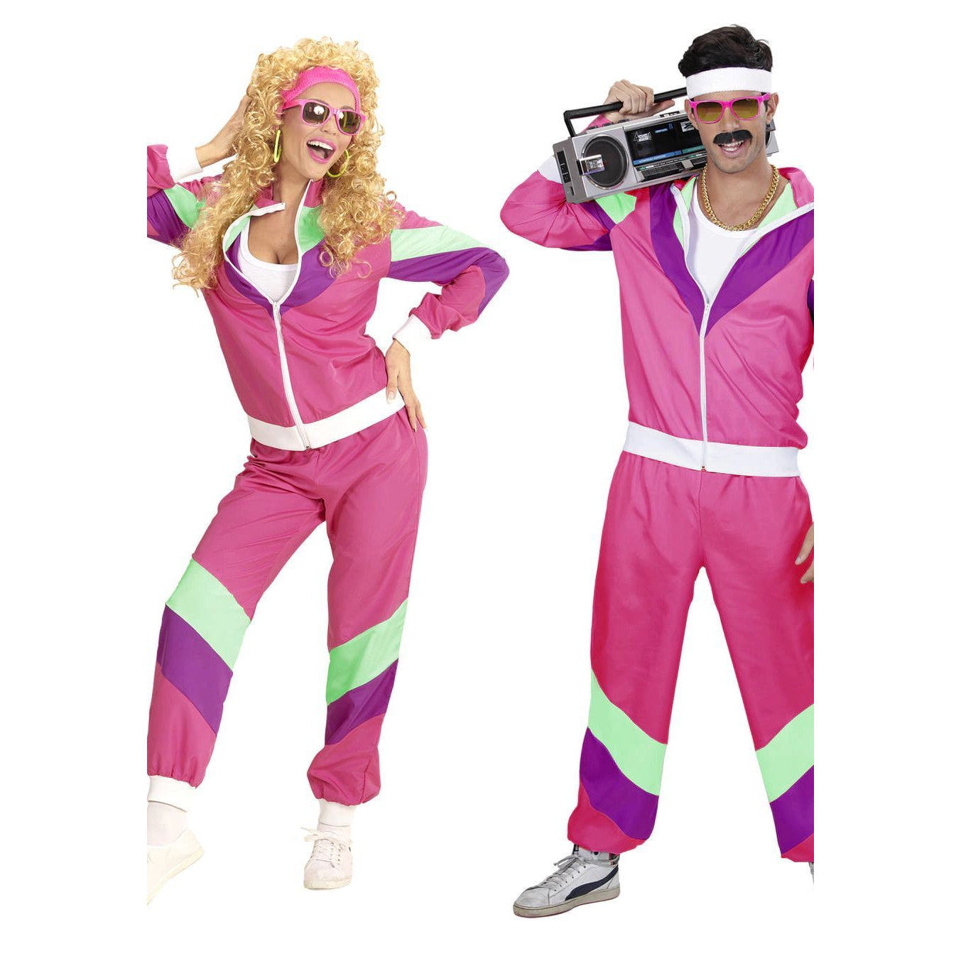 WIDMANN® Retro 80s Fitness Tracksuit Costume - Neon Pink Zip-Up Jacket & Pants