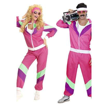 WIDMANN® Retro 80s Fitness Tracksuit Costume - Neon Pink Zip-Up Jacket & Pants