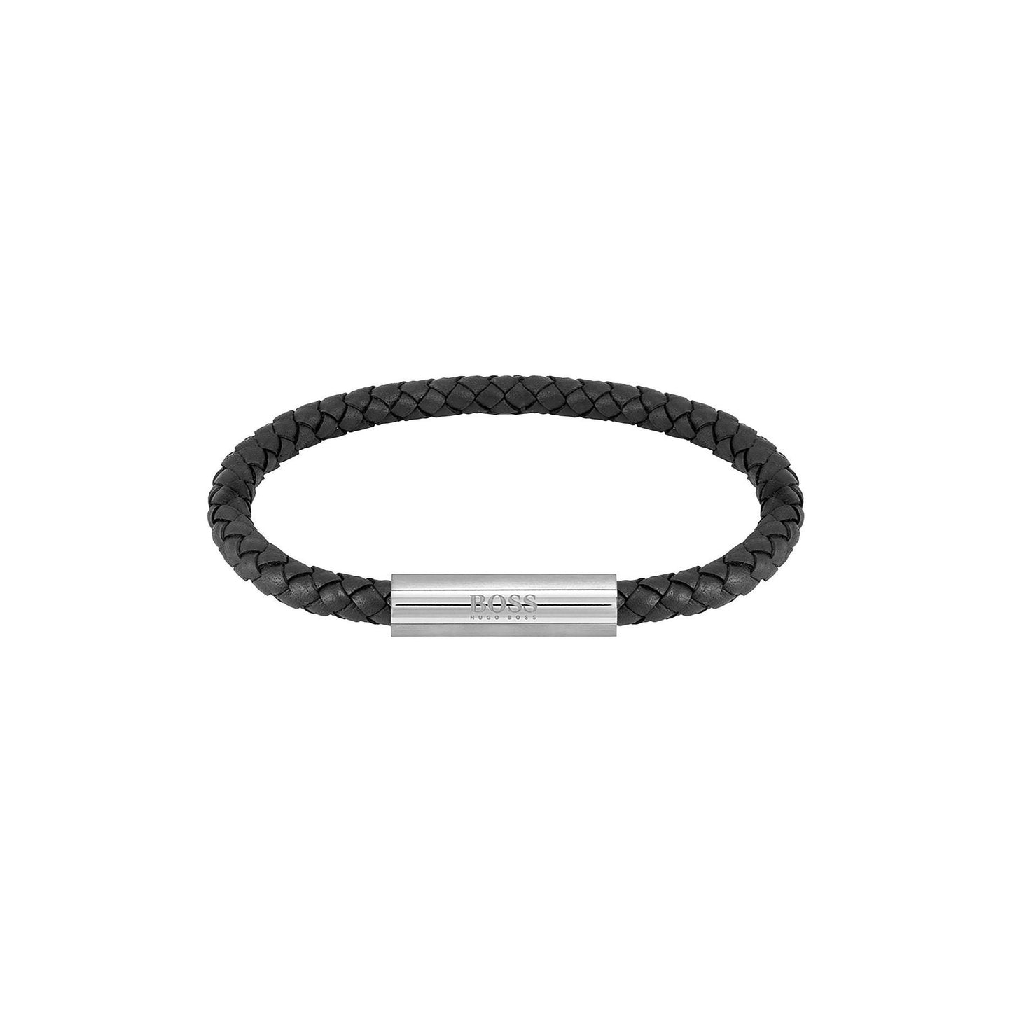 BOSS Men's Black Braided Leather Bracelet with Stainless Steel Magnetic Clasp