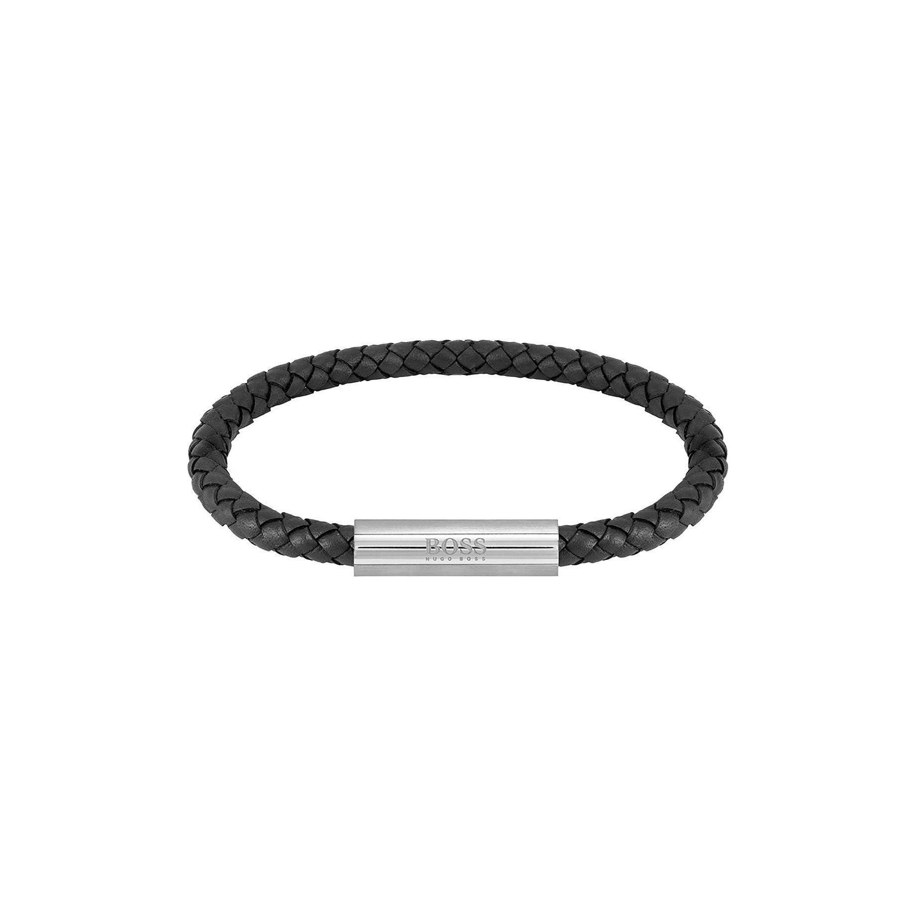BOSS Men's Black Braided Leather Bracelet with Stainless Steel Magnetic Clasp