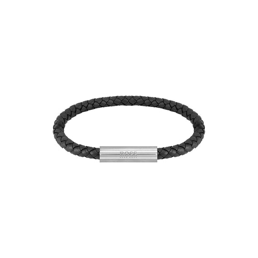 BOSS Men's Black Braided Leather Bracelet with Stainless Steel Magnetic Clasp