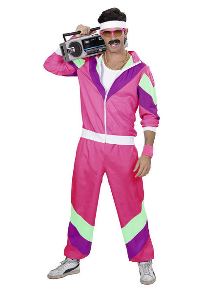 WIDMANN® Retro 80s Fitness Tracksuit Costume - Neon Pink Zip-Up Jacket & Pants