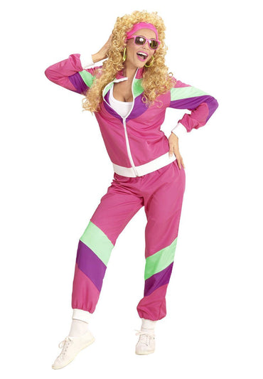 WIDMANN® Retro 80s Fitness Tracksuit Costume - Neon Pink Zip-Up Jacket & Pants