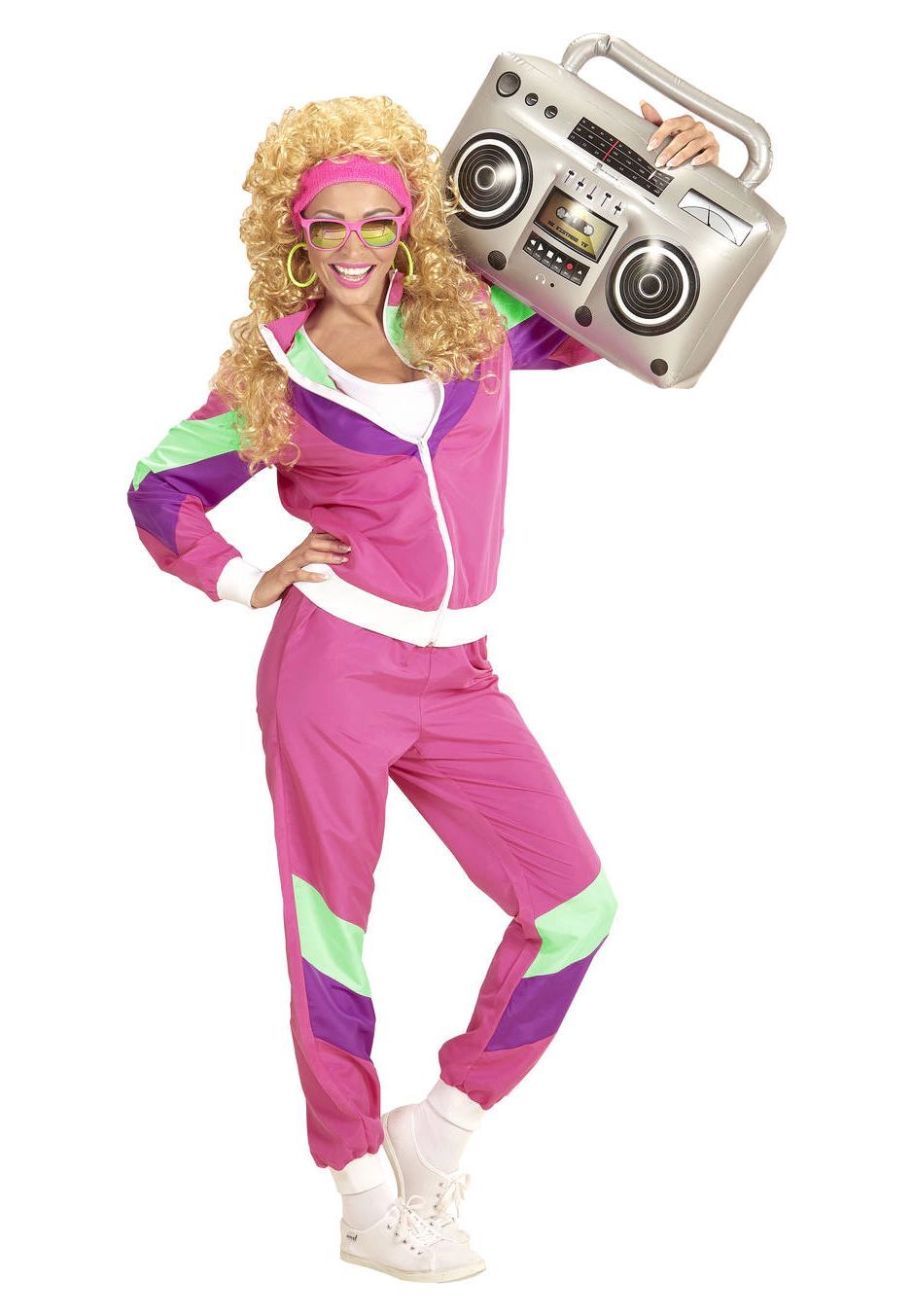 WIDMANN® Retro 80s Fitness Tracksuit Costume - Neon Pink Zip-Up Jacket & Pants